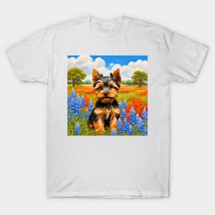 Yorkshire Terrier Puppy in Texas Wildflower Field T-Shirt